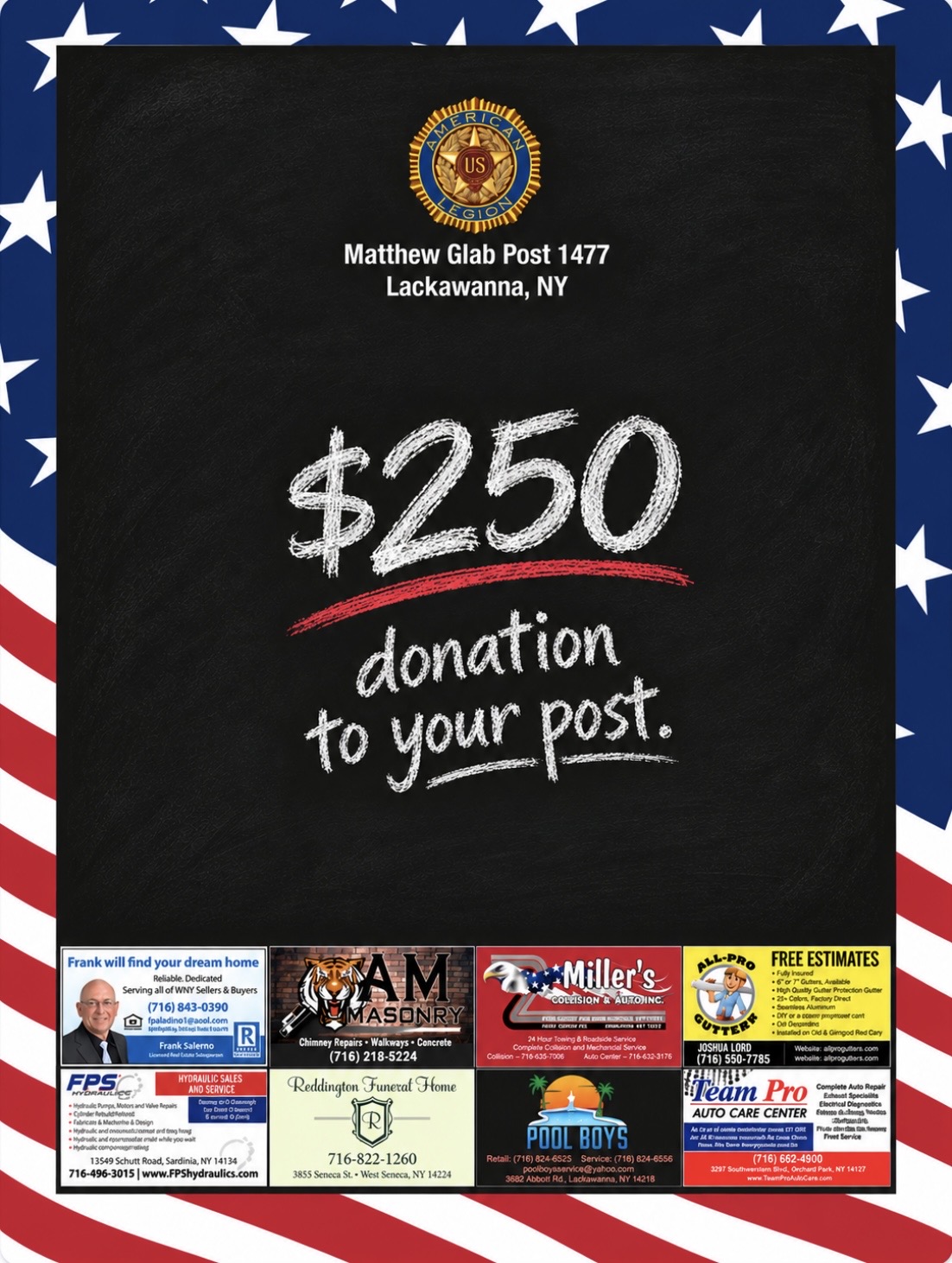 A completed Patriot Board recognition board with local business sponsor plaques